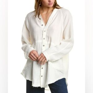 Free People Summer Daydream Button Up Shirt Sz XS Double Gauze White Oversized